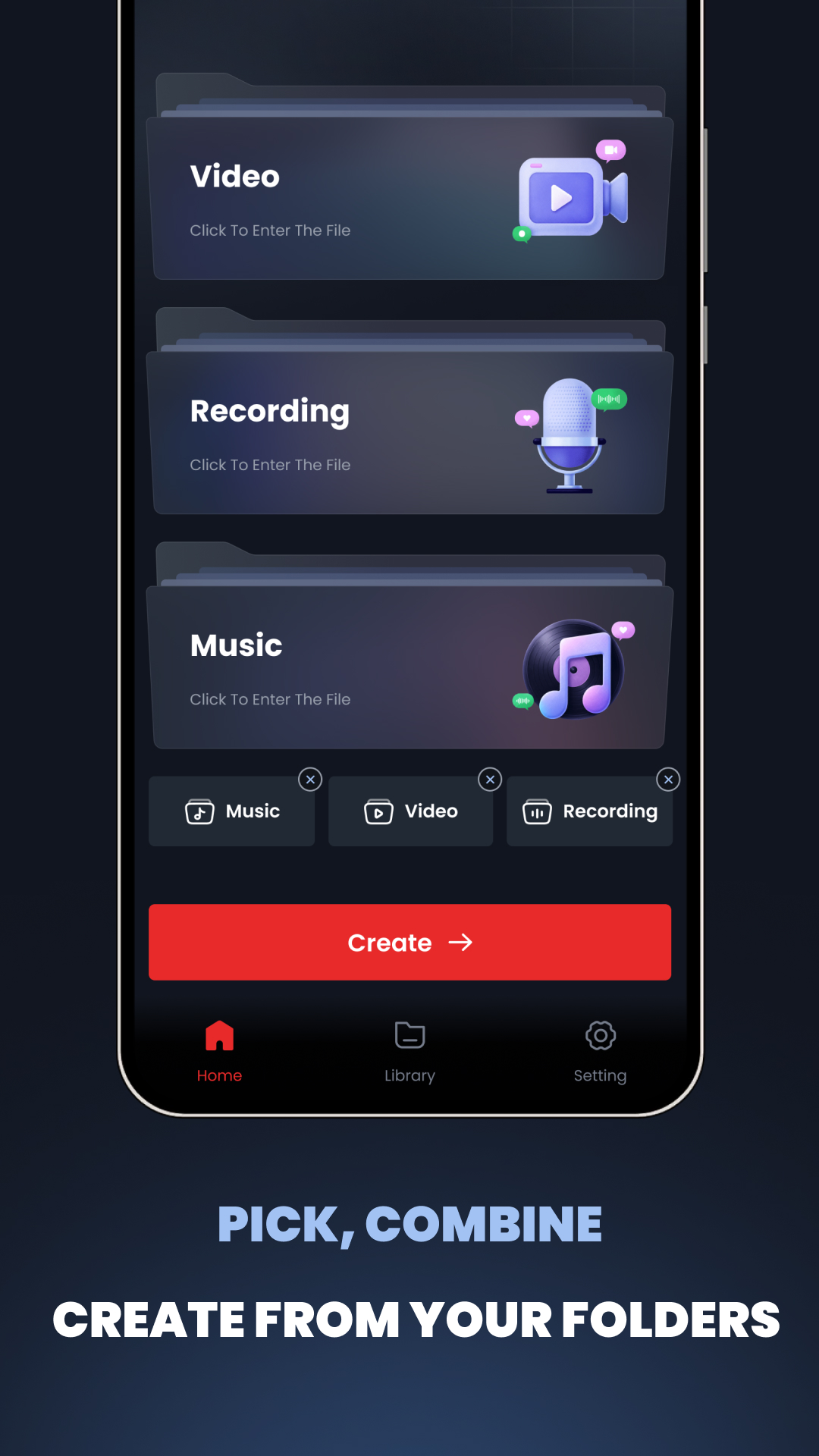 Videovow folders for video, recording, and music