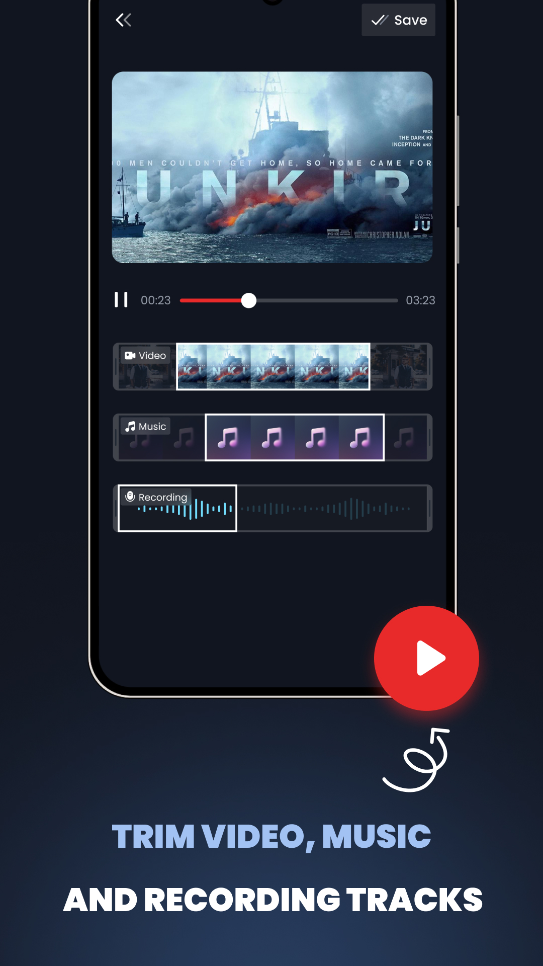 Videovow timeline editor with video and audio tracks