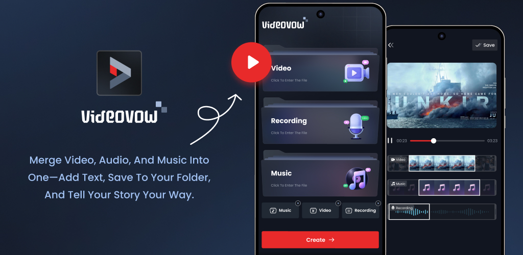 Videovow editor with media folders and a video timeline