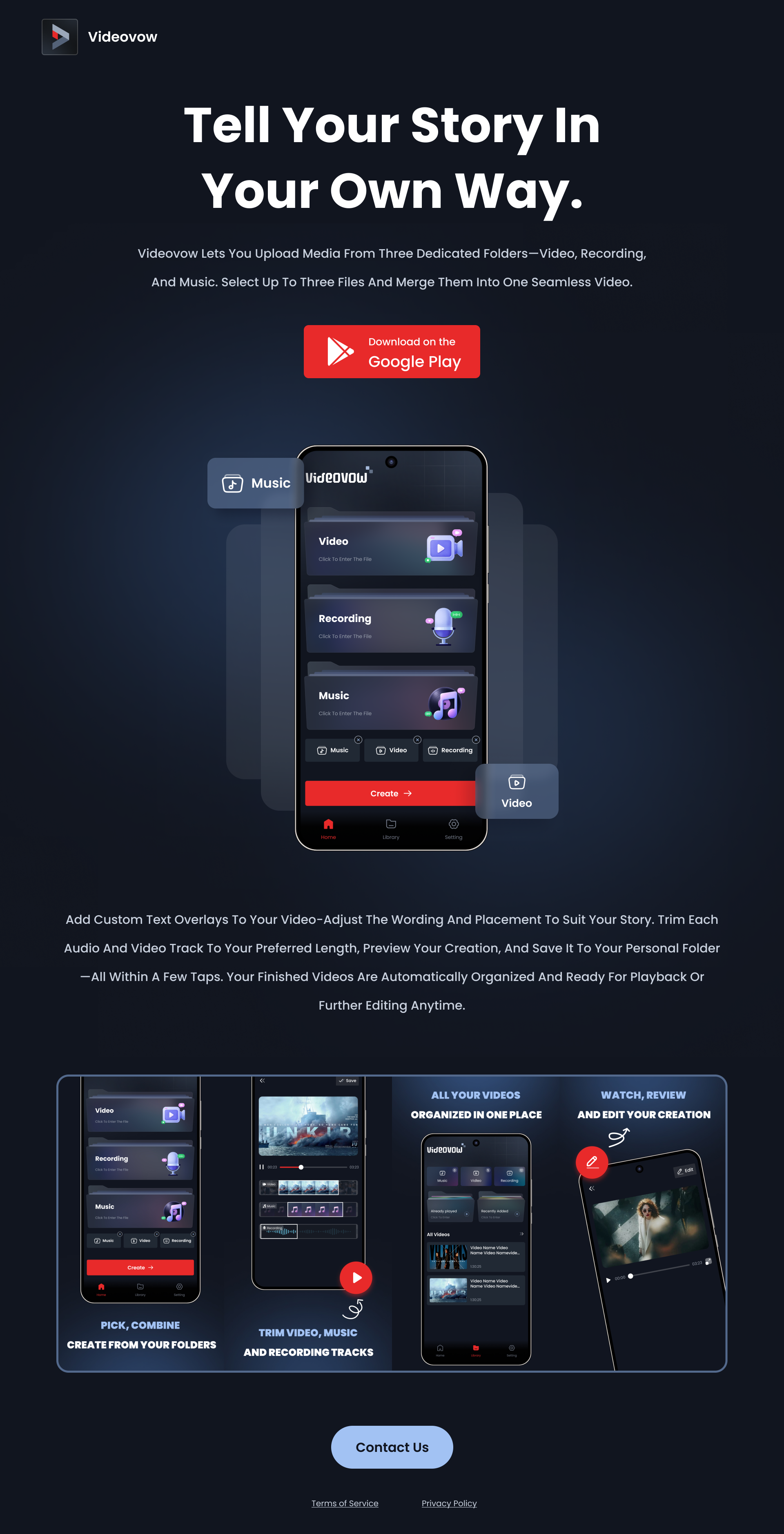 Videovow product overview showing the editor and media library